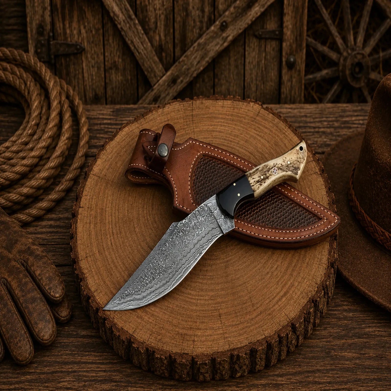 Deer Hunting Bowie Knife – Frostfang Damascus Steel Stag Handle - SHAM KNIVESBowie knifeSHAM KNIVESPremium Damascus steel hunting knife on rustic wooden display