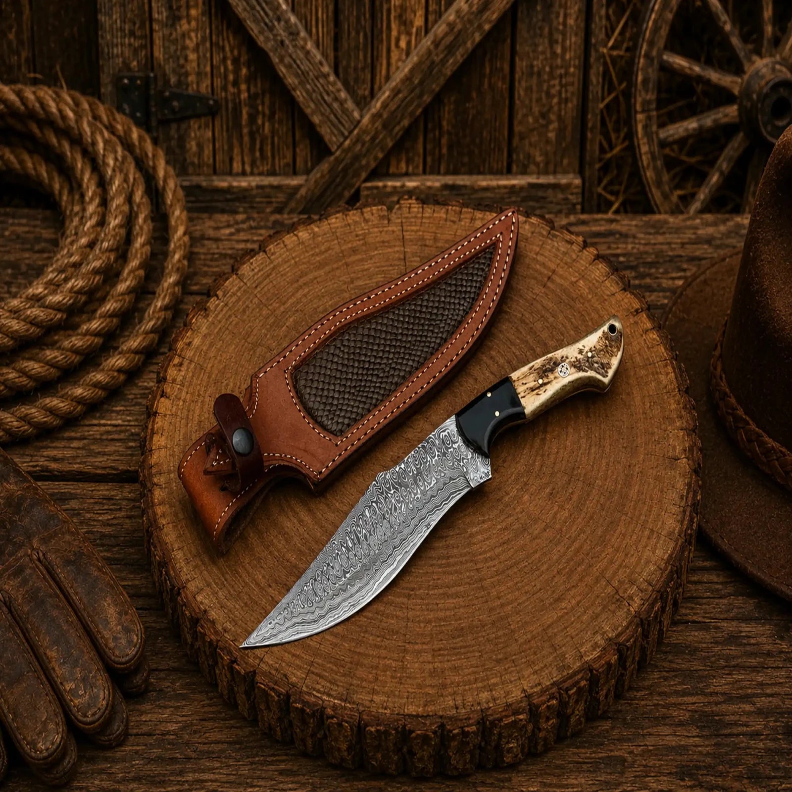 Deer Hunting Bowie Knife – Frostfang Damascus Steel Stag Handle - SHAM KNIVESBowie knifeSHAM KNIVESDeer hunting Bowie knife with Damascus steel blade and stag horn handle