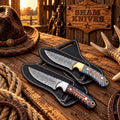Desert Amethyst Damascus cowboy knife duo with pine cone resin handles