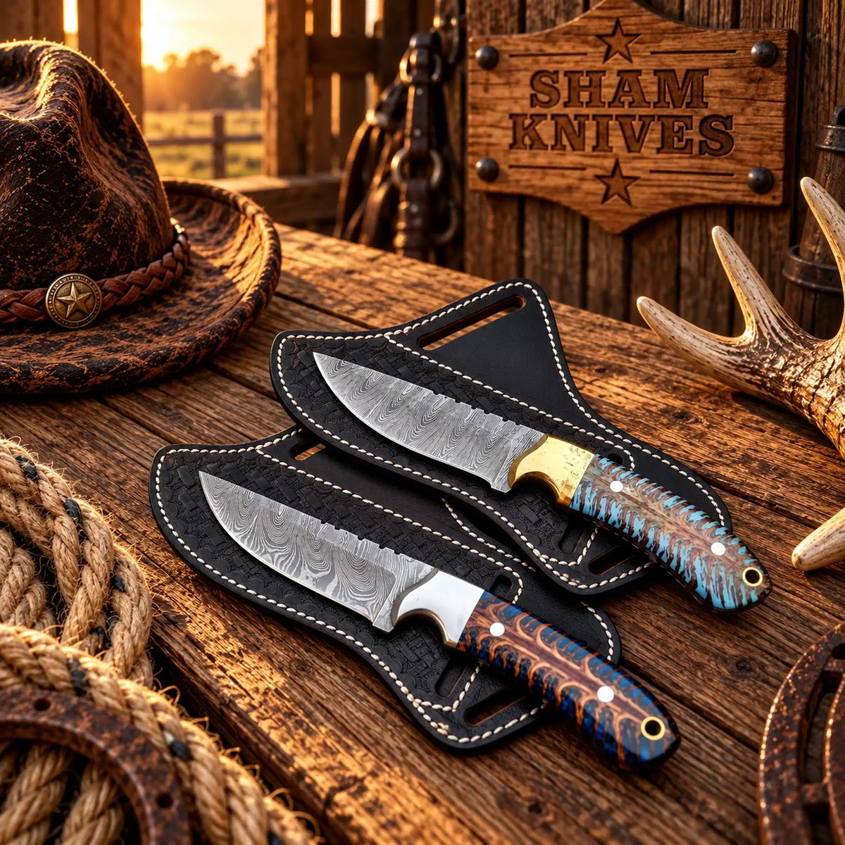 Desert Amethyst Damascus cowboy knife duo with pine cone resin handles