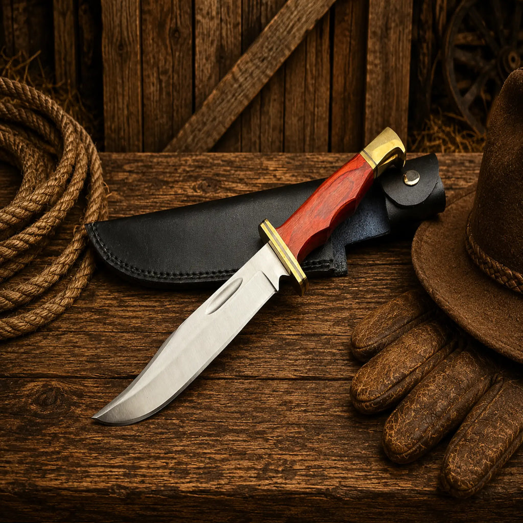 Dexter's First Knife replica with D2 steel blade and wood handle and leather sheath