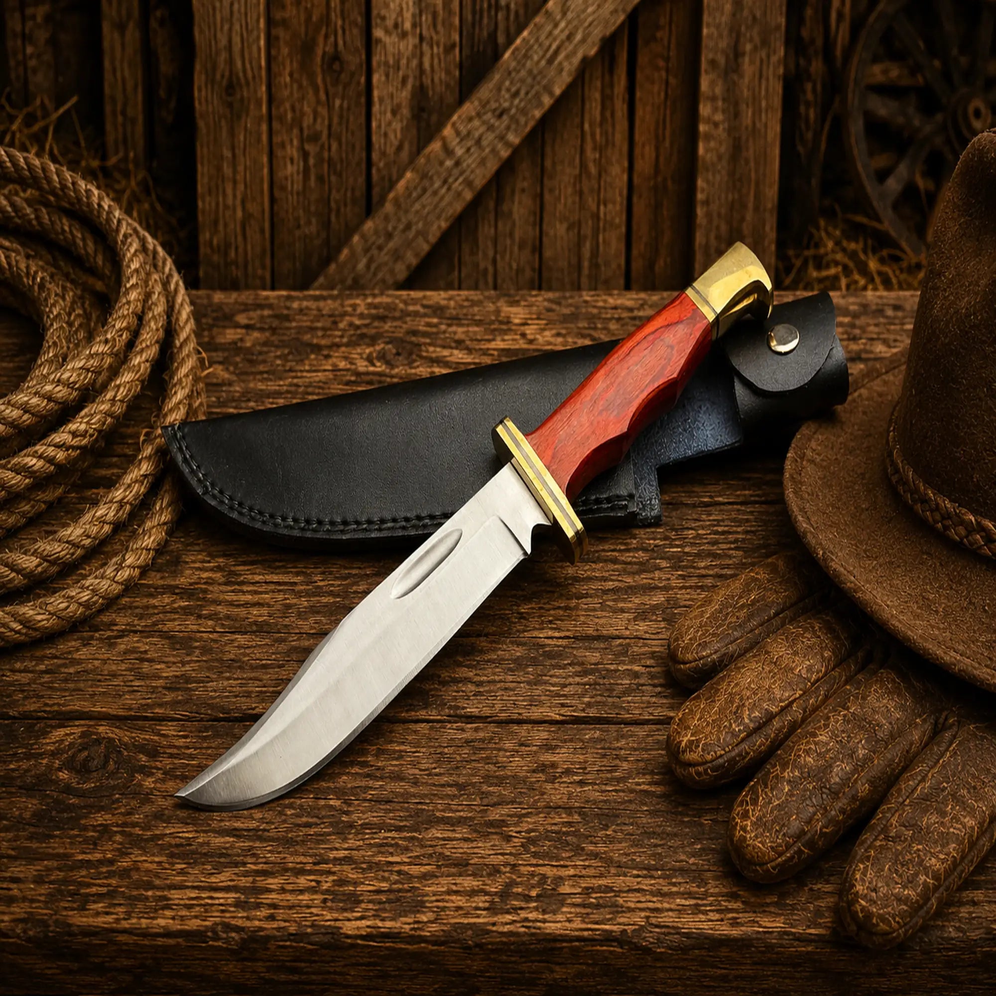 Dexter's First Knife replica with D2 steel blade and wood handle and leather sheath