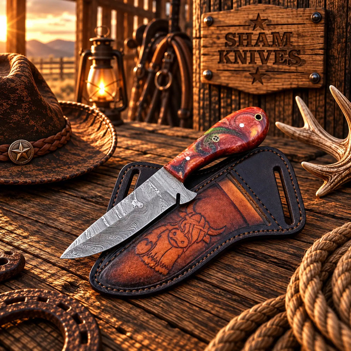 The Doc Holliday Damascus ranch working knife with resin handle