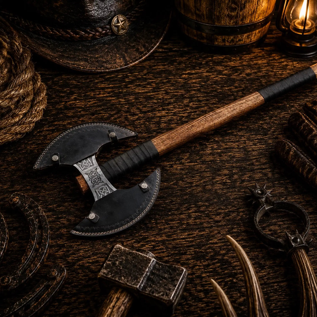 Double-headed Viking axe with leather wrapped ash wood grip