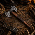 Double-headed Viking battle axe with leather wrapped ash wood handle