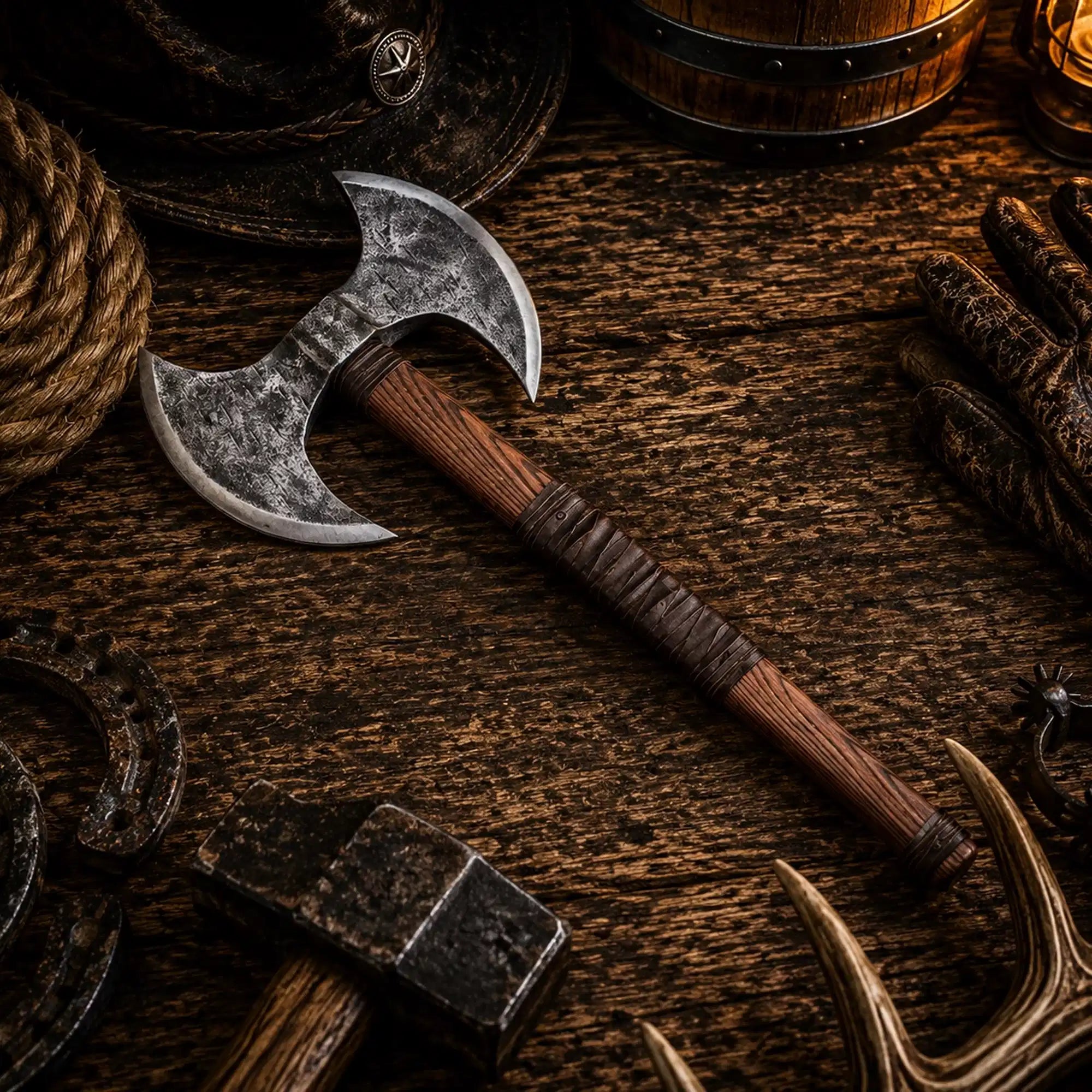 Double-headed Viking battle axe with leather wrapped ash wood handle