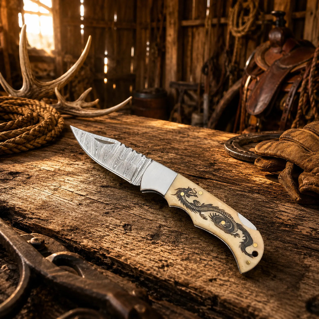 Handmade dragon engraved handle Damascus EDC knife.
