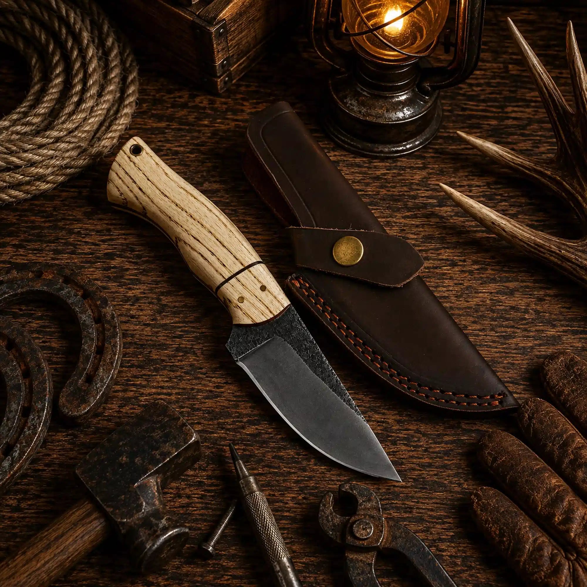 Drop point acid wash carbon steel fixed blade outdoor hunting knife