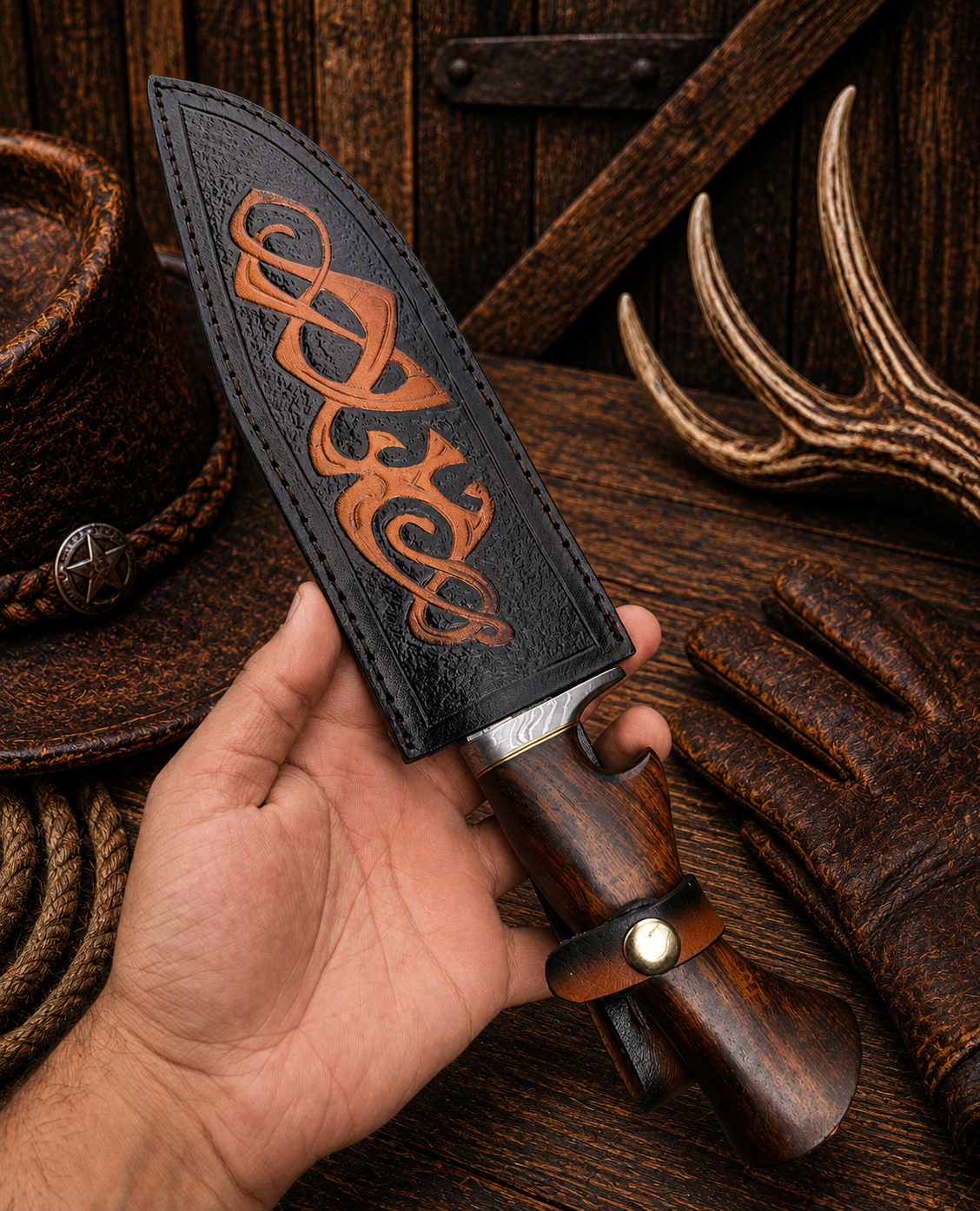 Drop-point-inspired Damascus Bowie knife with Celtic leather sheath