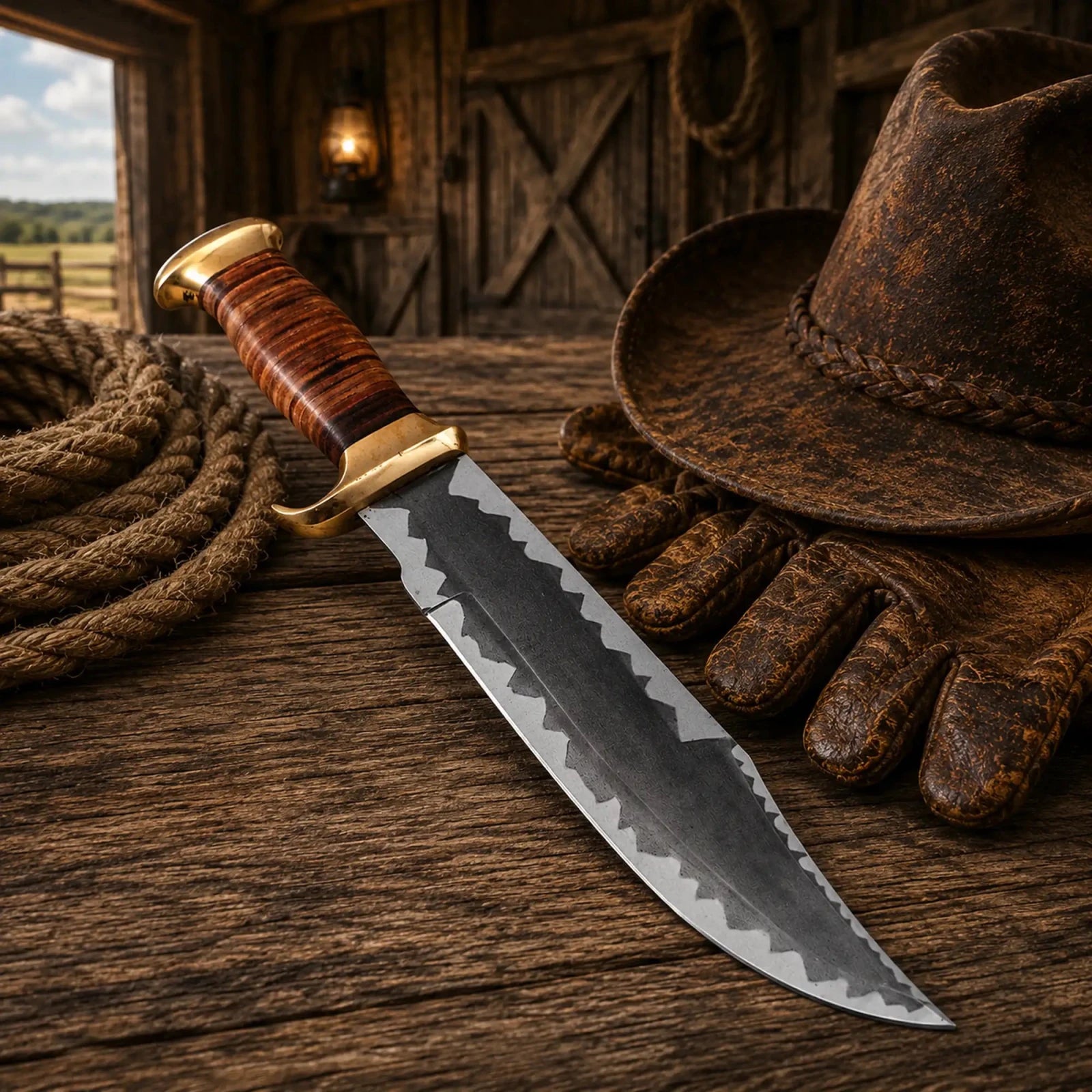 Dundee Style Bowie Knife – 440C Steel Acid Etched Blade - SHAM KNIVESBowie knifeSHAM KNIVESDundee Style Bowie Knife with 440C steel acid etched blade and leather sheath