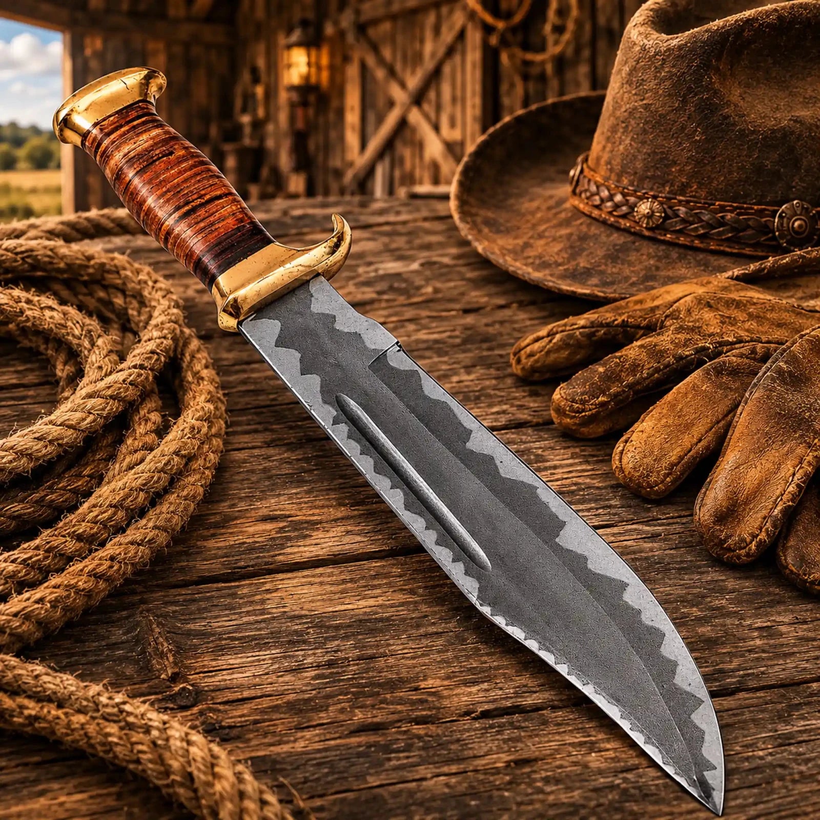 Dundee Style Bowie Knife – 440C Steel Acid Etched Blade - SHAM KNIVESBowie knifeSHAM KNIVESLarge 440C steel Bowie knife with leather spacer handle and brass guard