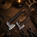 Duo Norse and Celtic engraved bearded axe with leather sheath