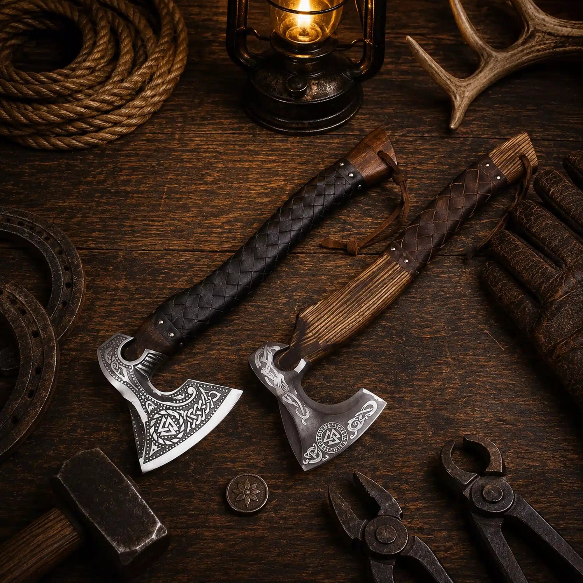 Duo Norse and Celtic engraved bearded axe with leather sheath