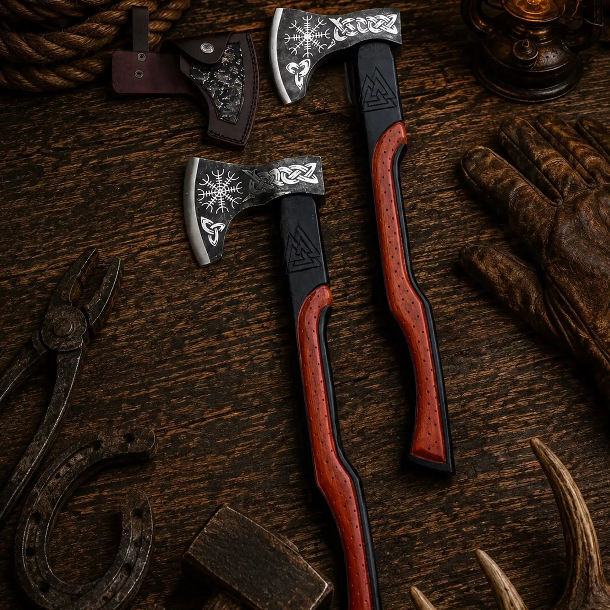 Duo Norse engraved camping axe set with carved rosewood handles
