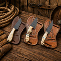 Dutton Ranch Collection handmade cowboy knives with D2 powder coated blades and ram horn handles back belt sheath.