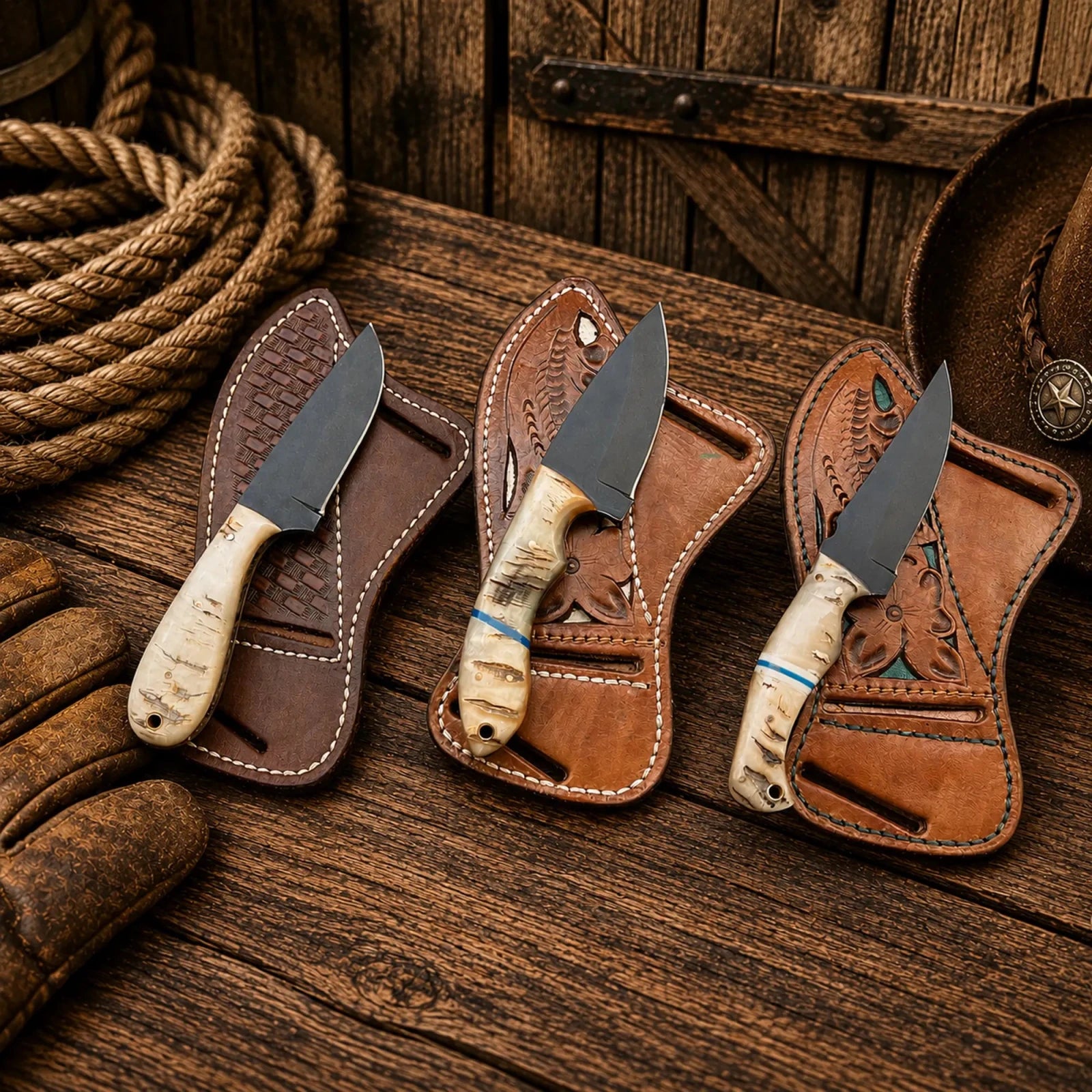 Dutton Ranch Collection for Sale – D2 Powder Coated Cowboy Carry Knives - SHAM KNIVESCowboy KnifeSHAM KNIVESDutton Ranch Collection handmade cowboy knives with D2 powder coated blades and ram horn handles back belt sheath.