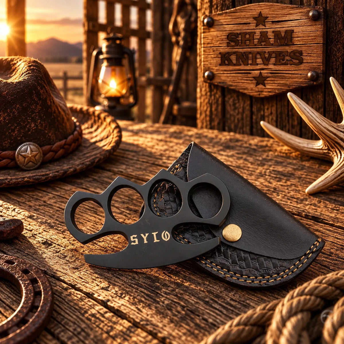  Elite Force SYLO black-finished brass knuckle collectible with leather sheath