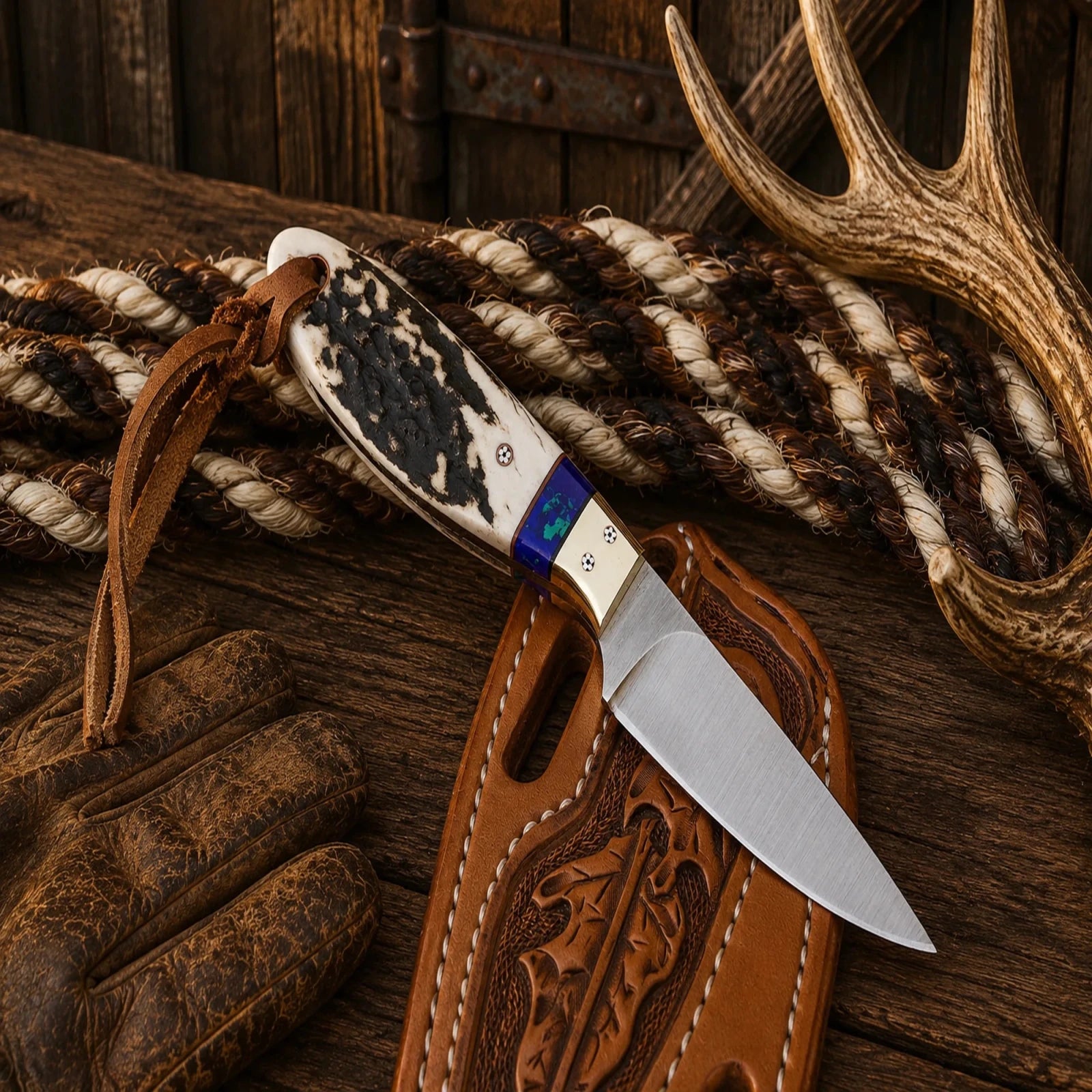 Elk Ridge Buckaroo Knife – D2 Steel Hunting Knife with Floral Pancake Sheath - SHAM KNIVESCowboy KnifeSHAM KNIVESHandmade Elk Ridge Buckaroo Knife with D2 steel blade and antler horn handle floral leather pancake belt sheath.