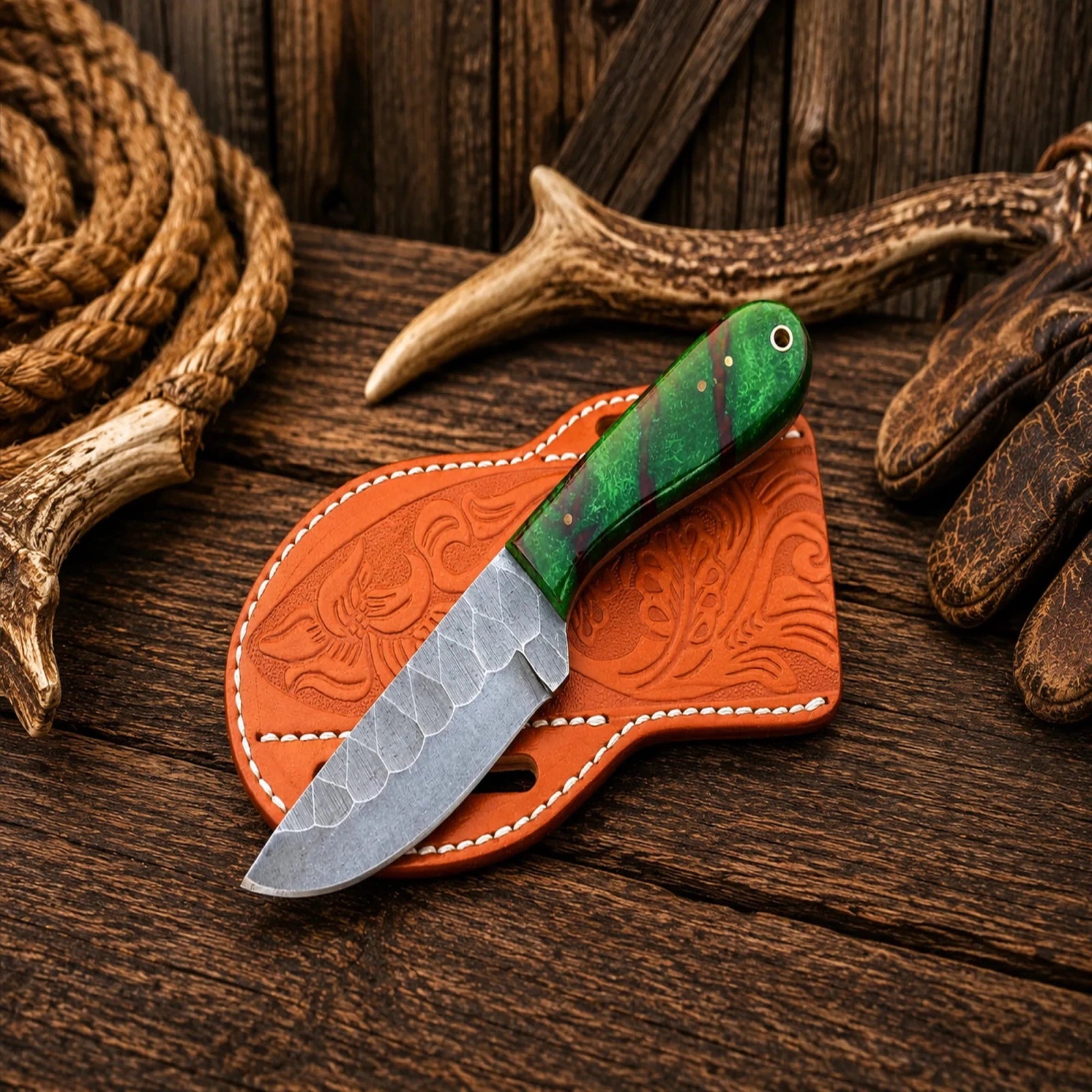 Emerald Mesa Scout Skinner Knife – D2 Acid Wash Blade, Green Resin Handle & Belt Sheath - SHAM KNIVESCowboy KnifeSHAM KNIVESWestern hunting knife with green epoxy resin handle and leather scout sheath.