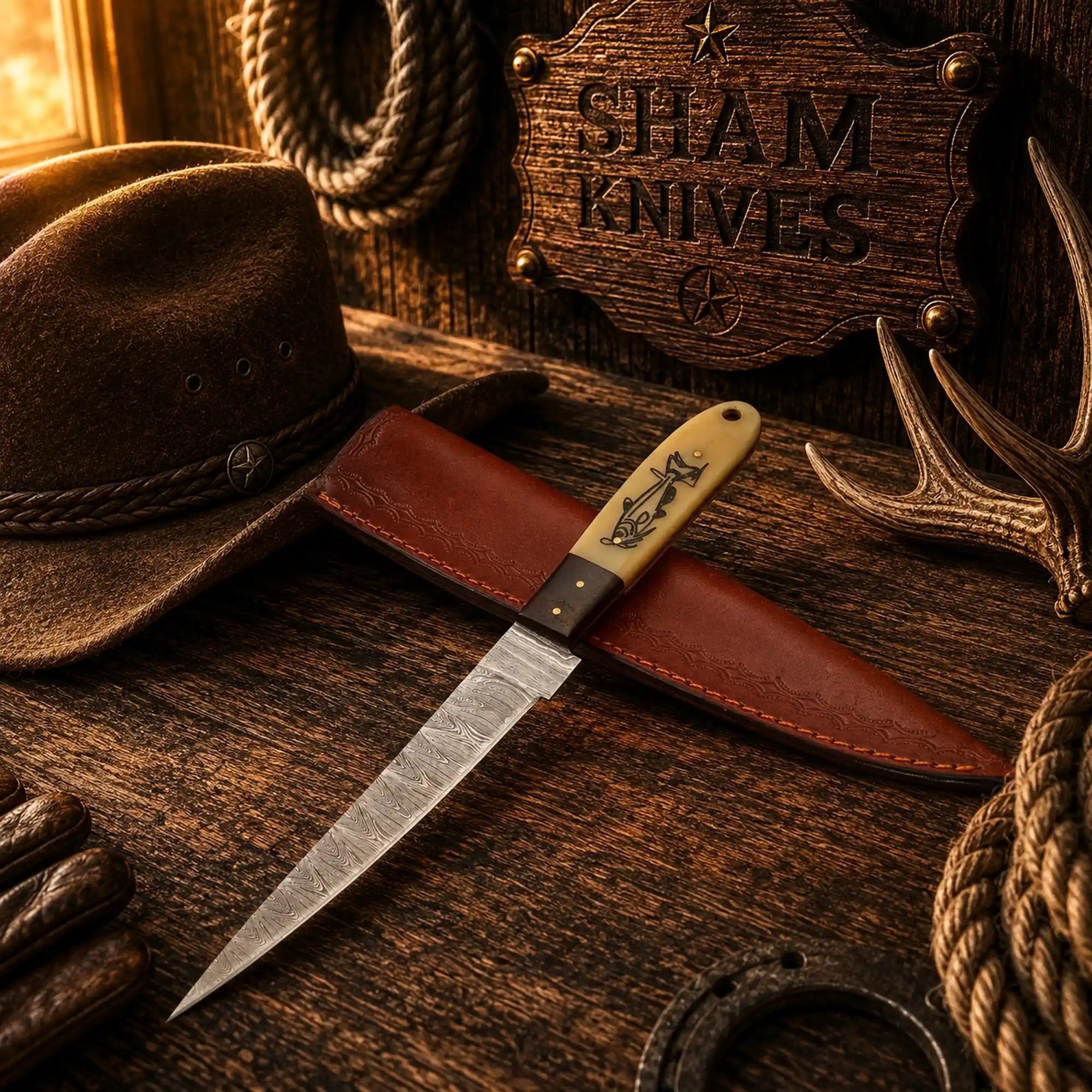 Handmade 13-inch fishing knife with narrow patterned Damascus blade