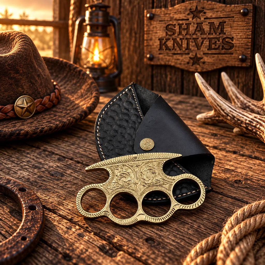 Engraved brass grip beside a black leather storage sheath