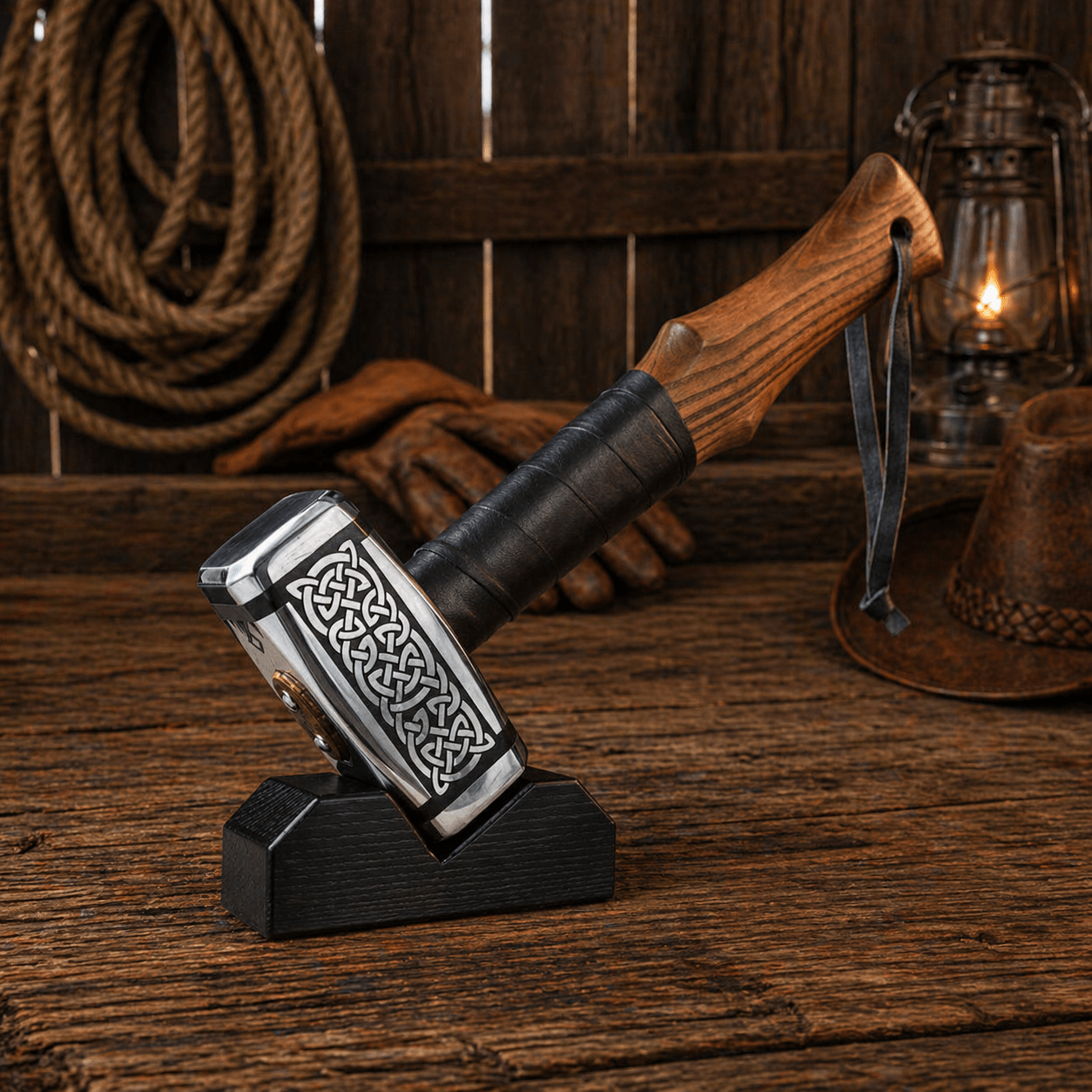 Engraved Nordic Hammer Hand Forged Steel Personalized Gift - SHAM KNIVESHammersSHAM KNIVESEngraved Nordic hammer with steel head and leather handle displayed on wooden Viking box in rustic barn setting with rope and gloves