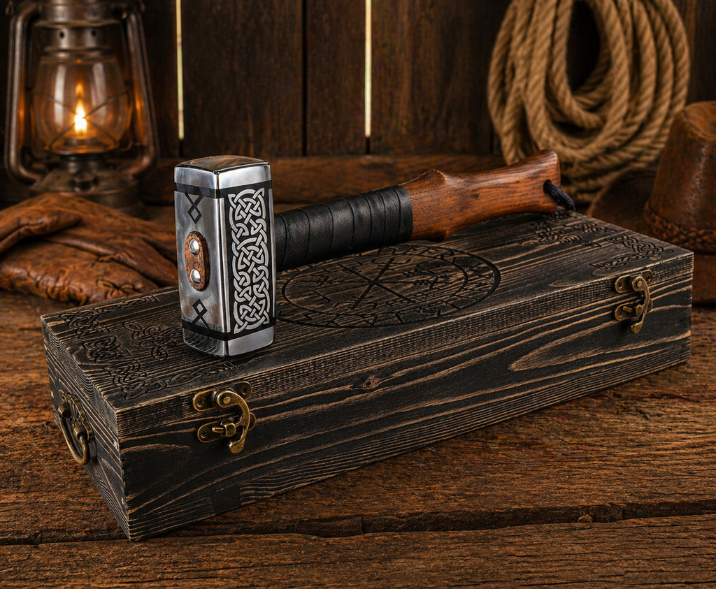 Engraved Nordic hammer with steel head and leather handle displayed on wooden Viking box in rustic barn setting with rope and gloves