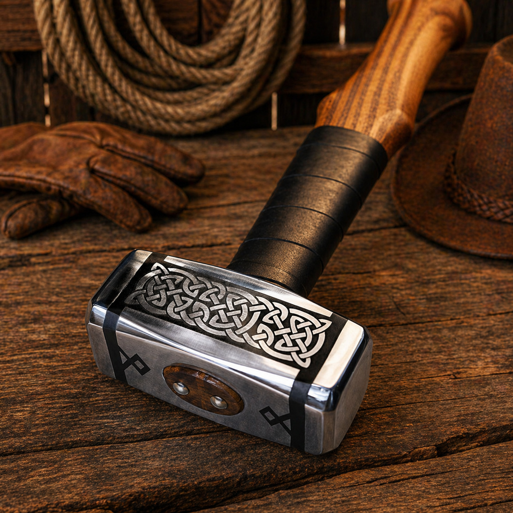 Engraved Nordic hammer with steel head and leather handle displayed on wooden Viking box in rustic barn setting with rope and gloves