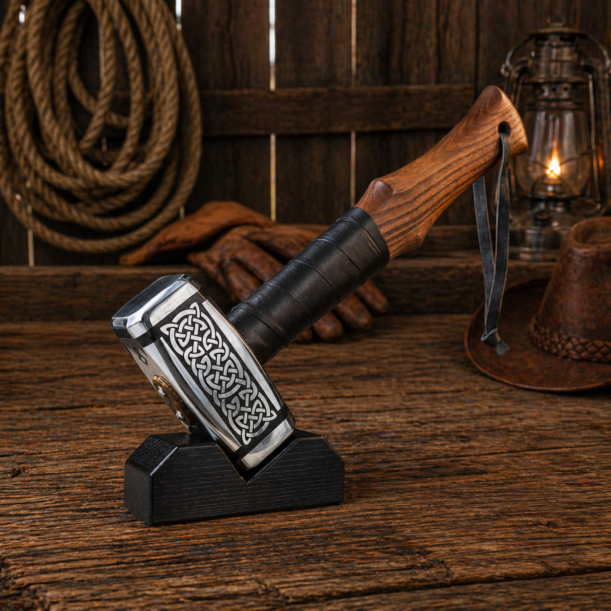 Engraved Nordic hammer with steel head and leather handle displayed on wooden Viking box in rustic barn setting with rope and gloves