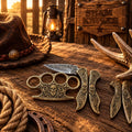 Engraved skull brass knuckle collectible and matching pocket knife set