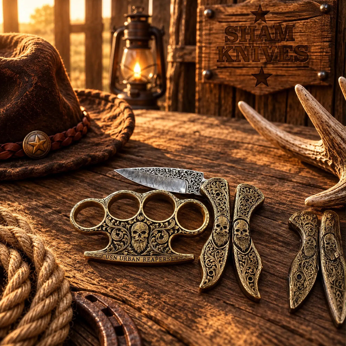 Engraved skull brass knuckle collectible and matching pocket knife set