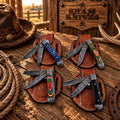 Four-piece Exotic Wood Trail Damascus trapper folding knife set
