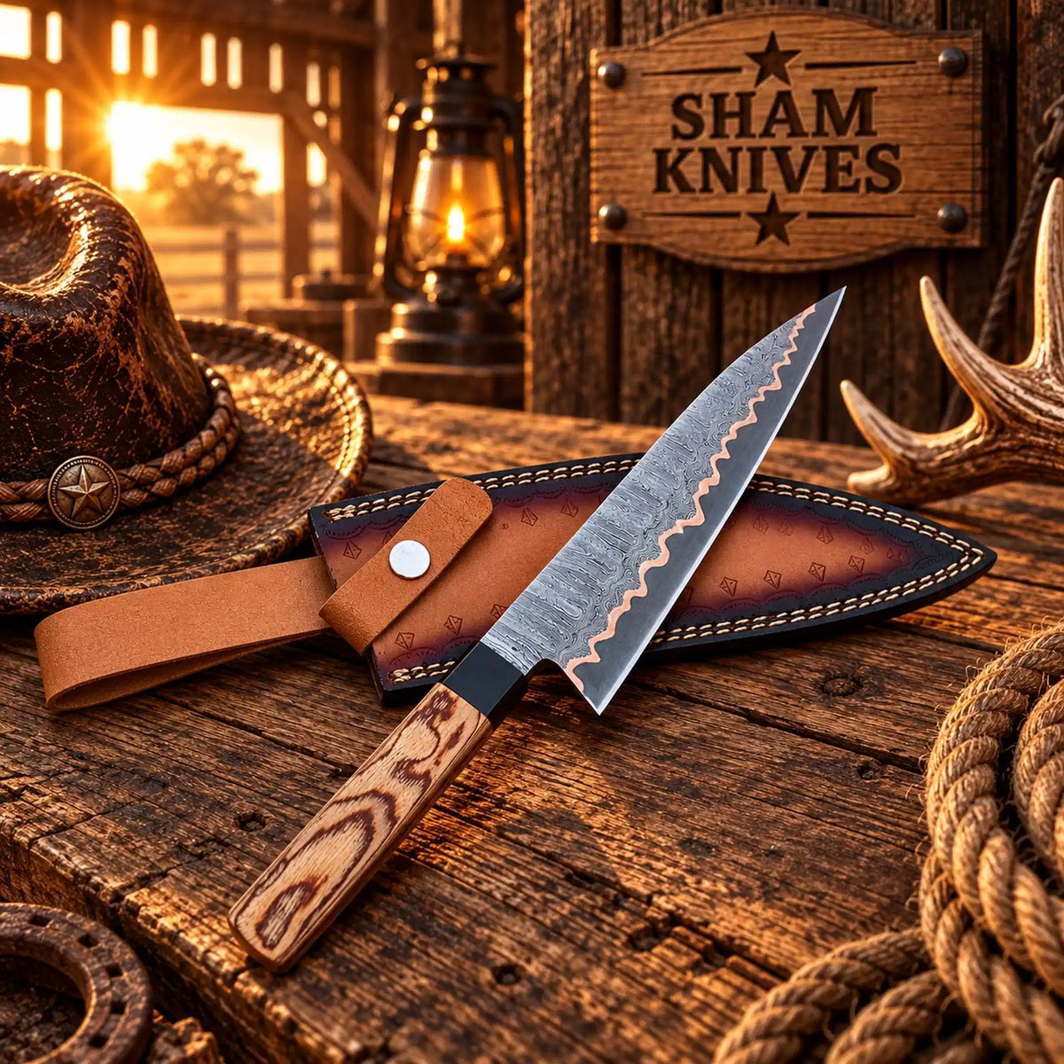 Kitchen chef knife with faceted exotic-wood handle