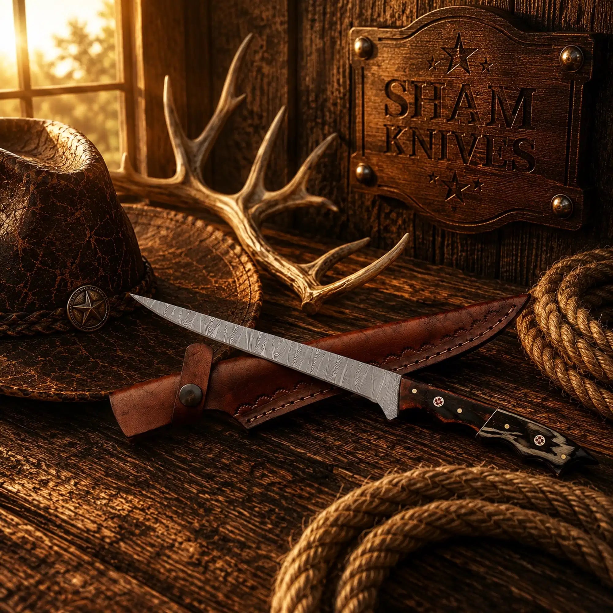 Exotic Wood Trail handmade Damascus steel fillet fishing knife