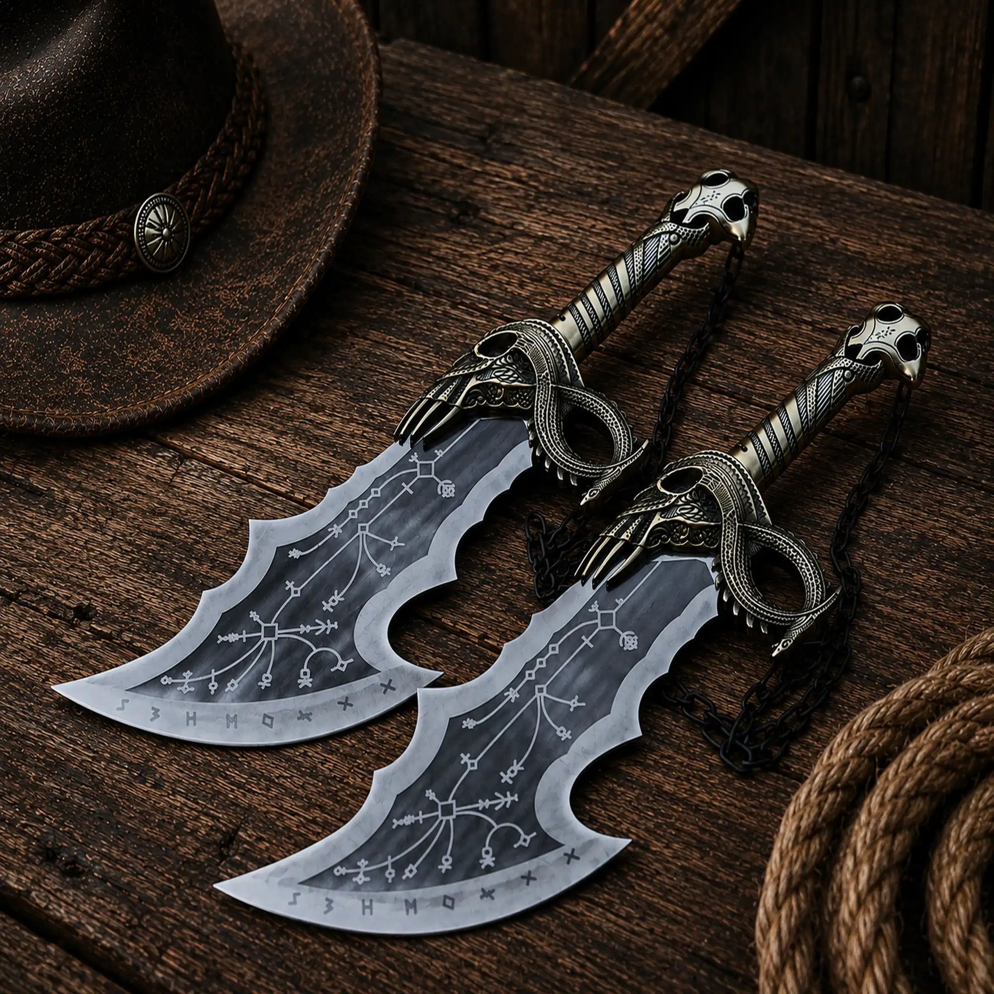 God of War fantasy twin blades set with etched metal design 