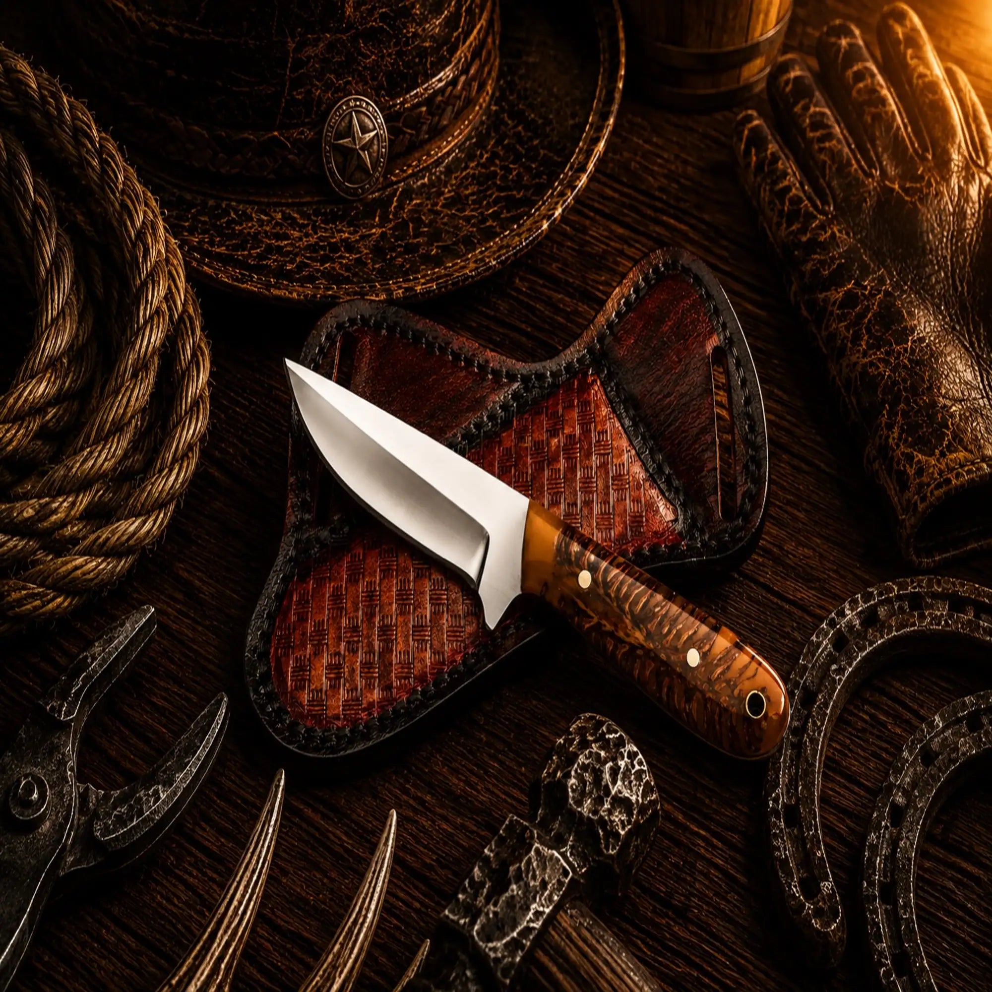 Farm Work Buckaroo Knife with 3.75-inch D2 steel blade and pinecone handle