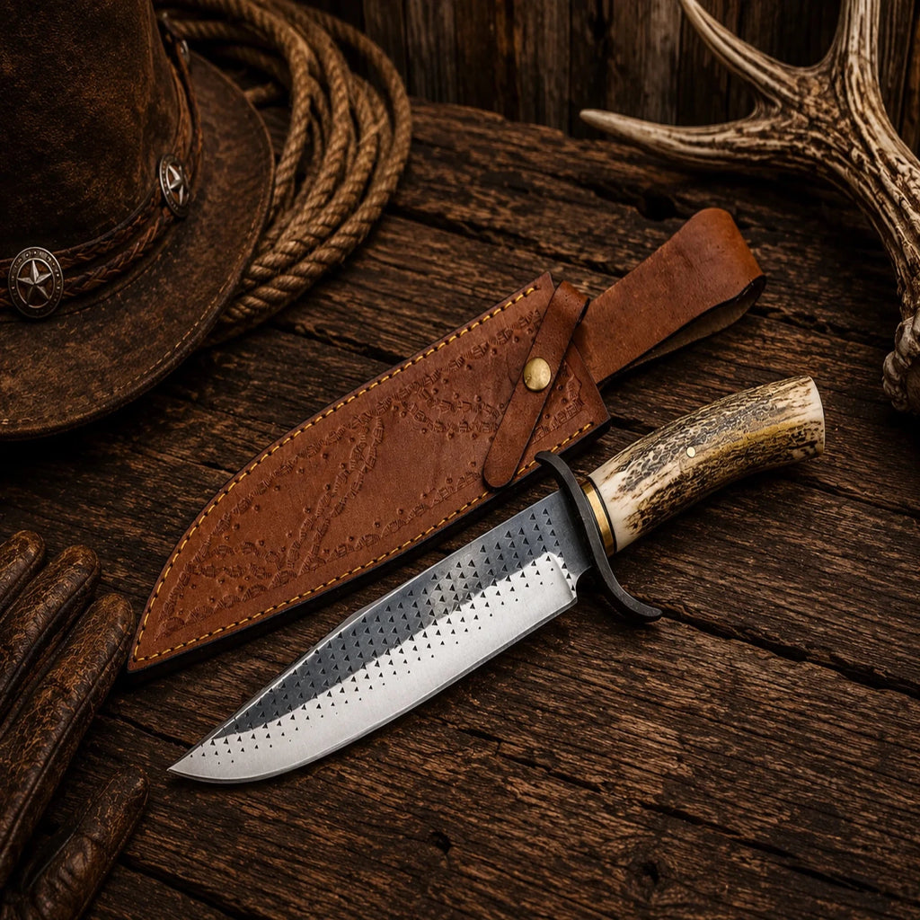 Farrier Rasp Hunting Bowie Knife – 14.5" D2 Blade, Stag Antler Handle - SHAM KNIVESBowie knifeSHAM KNIVESHandcrafted fixed blade Bowie knife by ShamKnives.