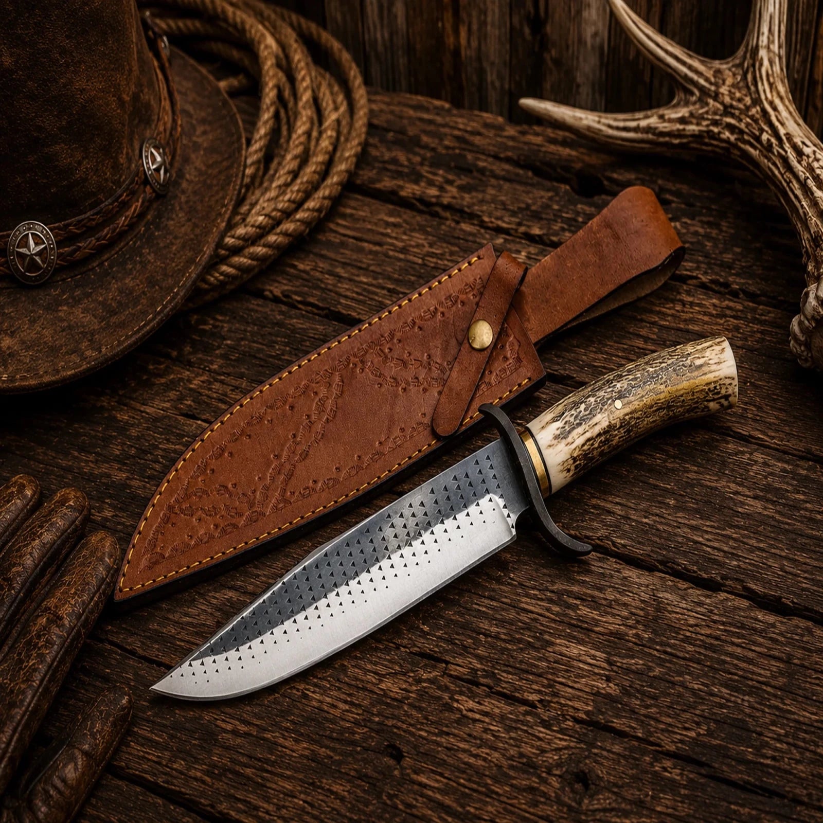 Farrier Rasp Hunting Bowie Knife – 14.5" D2 Blade, Stag Antler Handle - SHAM KNIVESBowie knifeSHAM KNIVESHandcrafted fixed blade Bowie knife by ShamKnives.