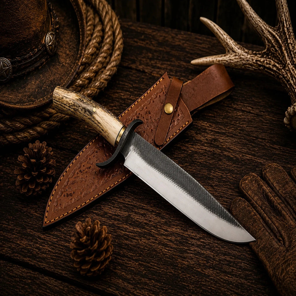 Farrier Rasp Hunting Bowie Knife – 14.5" D2 Blade, Stag Antler Handle - SHAM KNIVESBowie knifeSHAM KNIVESD2 Farrier Rasp hunting Bowie knife with leather sheath.