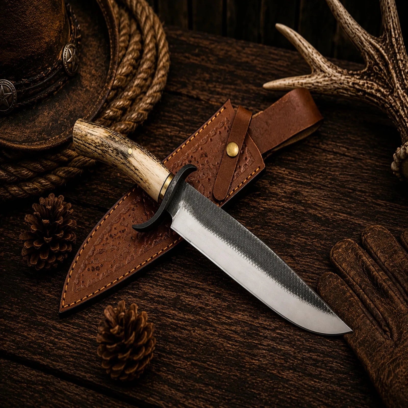 Farrier Rasp Hunting Bowie Knife – 14.5" D2 Blade, Stag Antler Handle - SHAM KNIVESBowie knifeSHAM KNIVESD2 Farrier Rasp hunting Bowie knife with leather sheath.