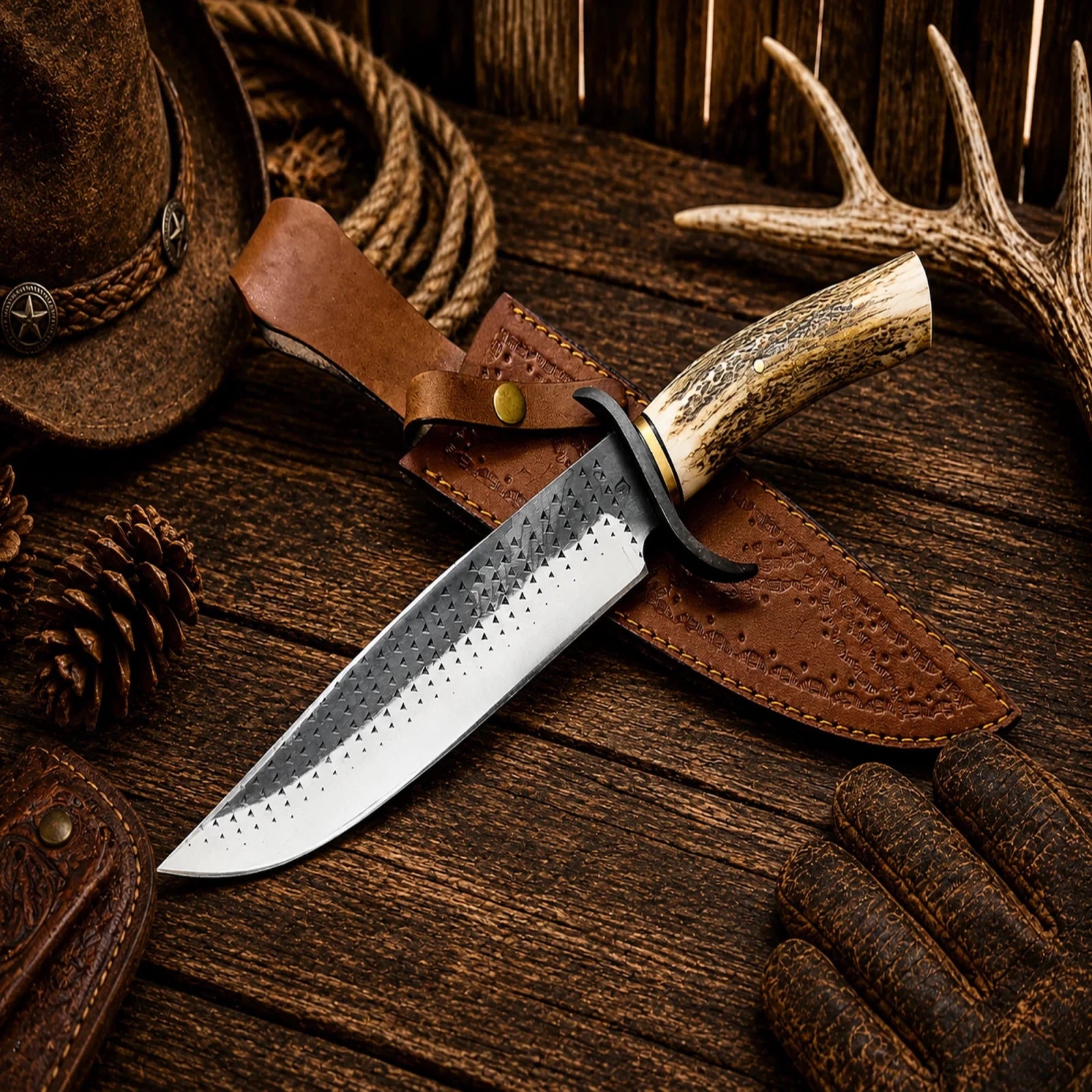 Farrier Rasp Hunting Bowie Knife – 14.5" D2 Blade, Stag Antler Handle - SHAM KNIVESBowie knifeSHAM KNIVESHandmade Farrier Rasp Bowie knife with natural stag antler handle.