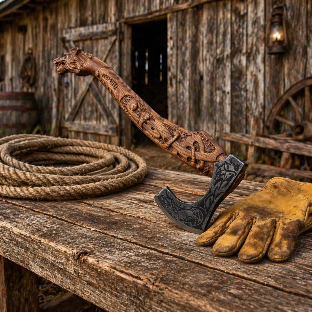Handmade Fenrir Viking axe with carved wolf handle and carbon steel blade on rustic wooden table with leather sheath