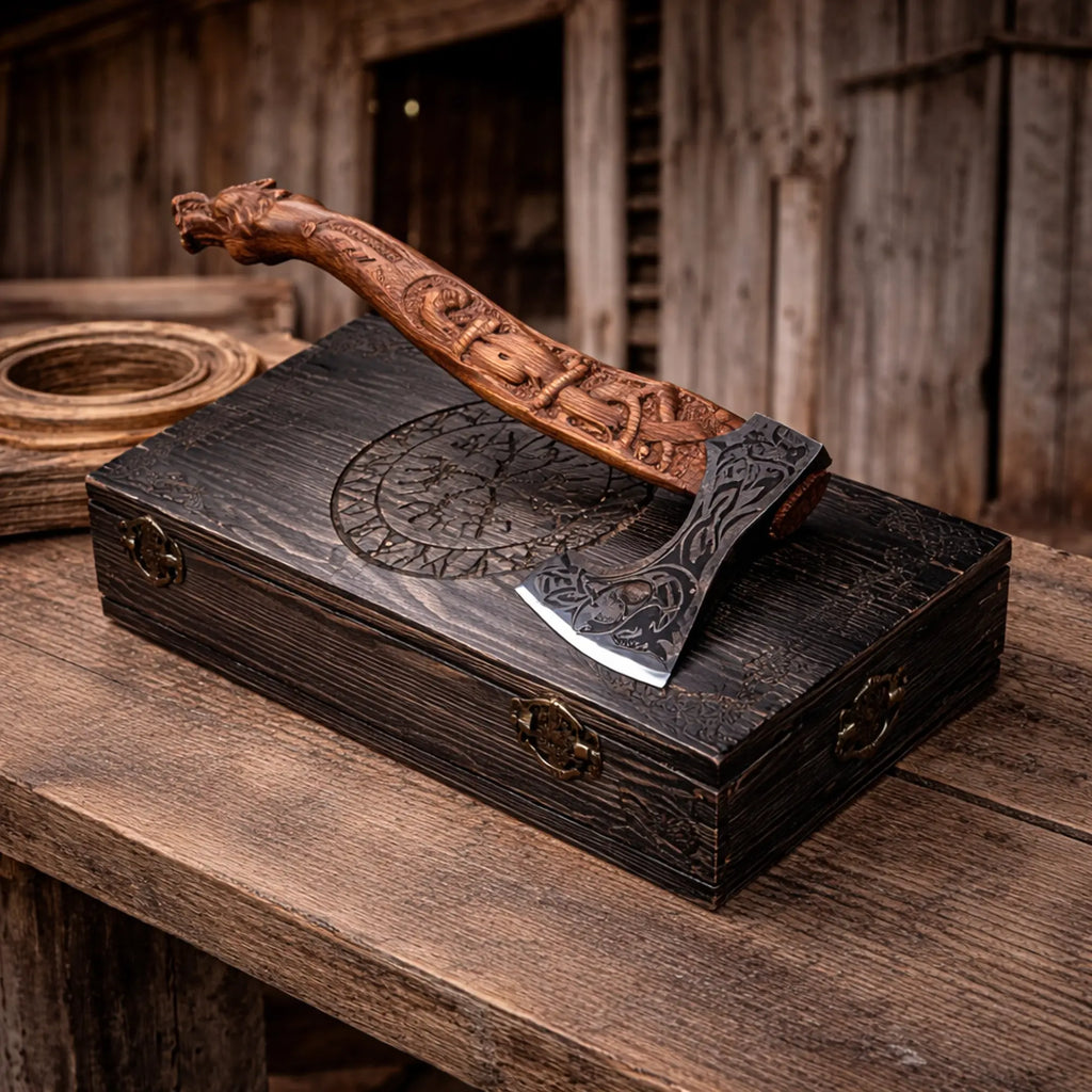 Handmade Fenrir Viking axe with carved wolf handle and carbon steel blade on rustic wooden table with leather sheath