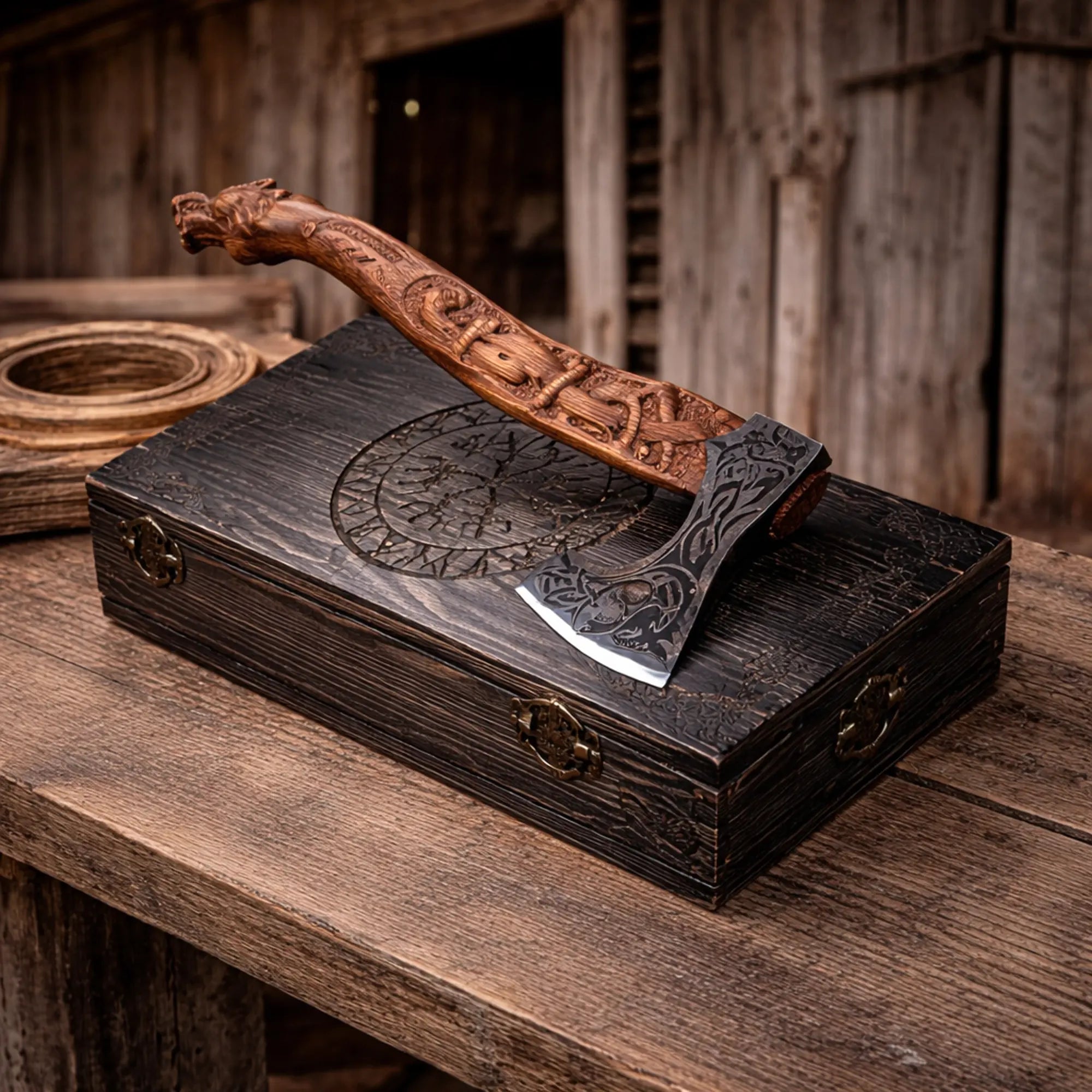 Handmade Fenrir Viking axe with carved wolf handle and carbon steel blade on rustic wooden table with leather sheath