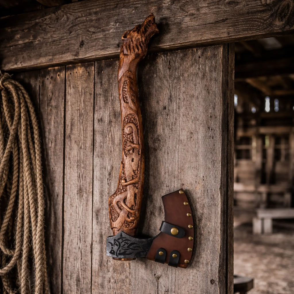 Handmade Fenrir Viking axe with carved wolf handle and carbon steel blade on rustic wooden table with leather sheath