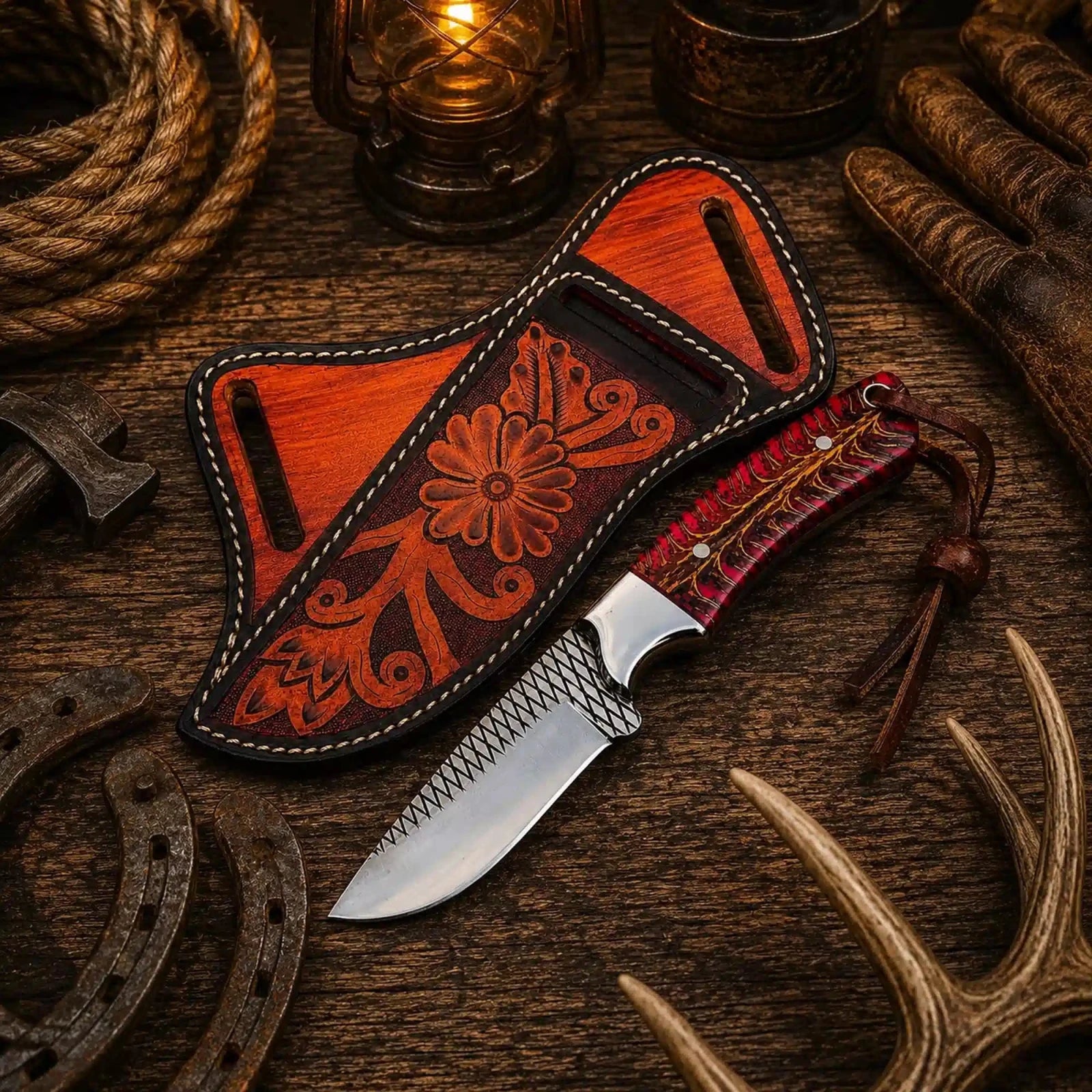 Field working cowboy knife with 4 inch rasp steel blade and pine cone handle with floral hand-tooled back belt sheath