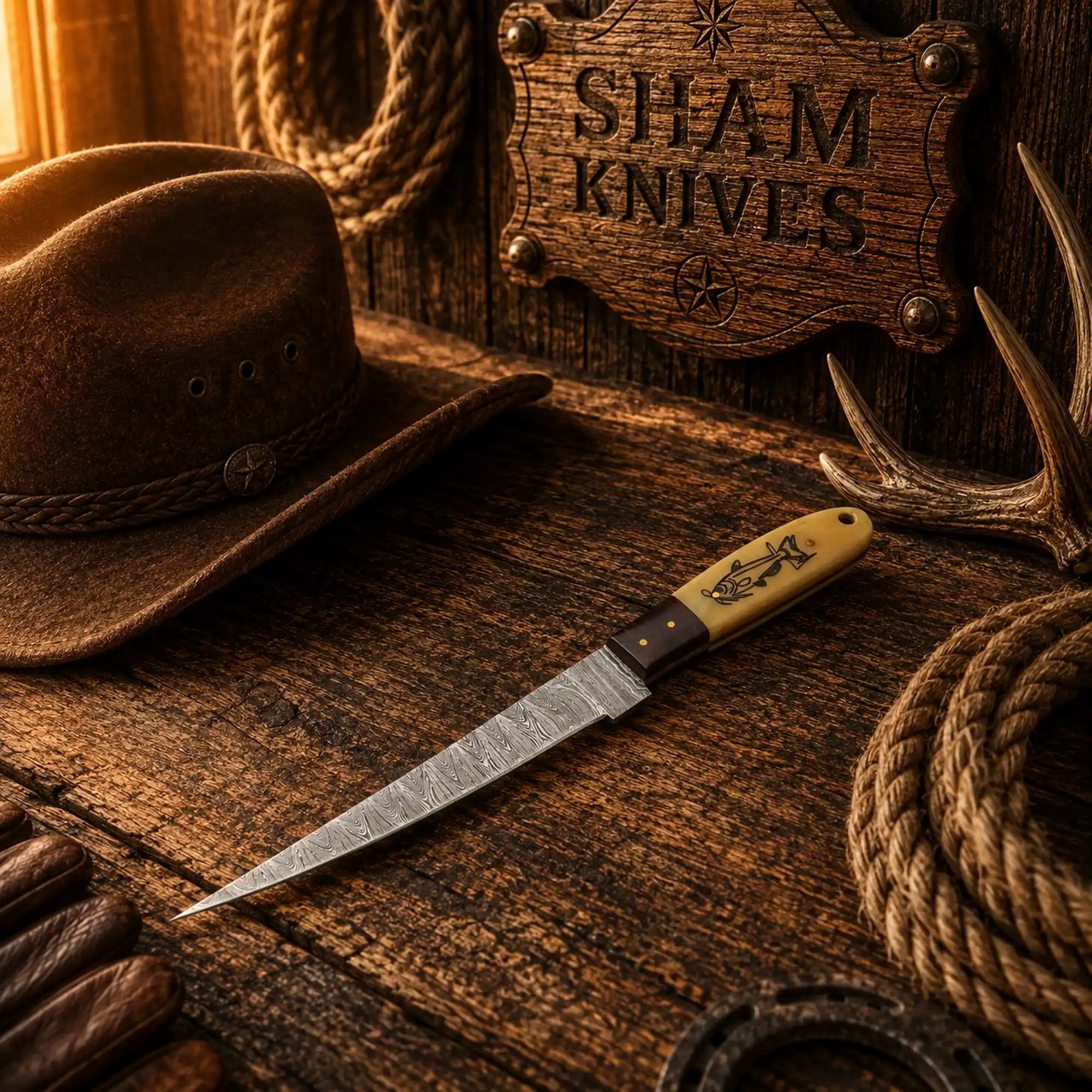Fisherman’s Legacy Damascus fillet knife with engraved bone handle