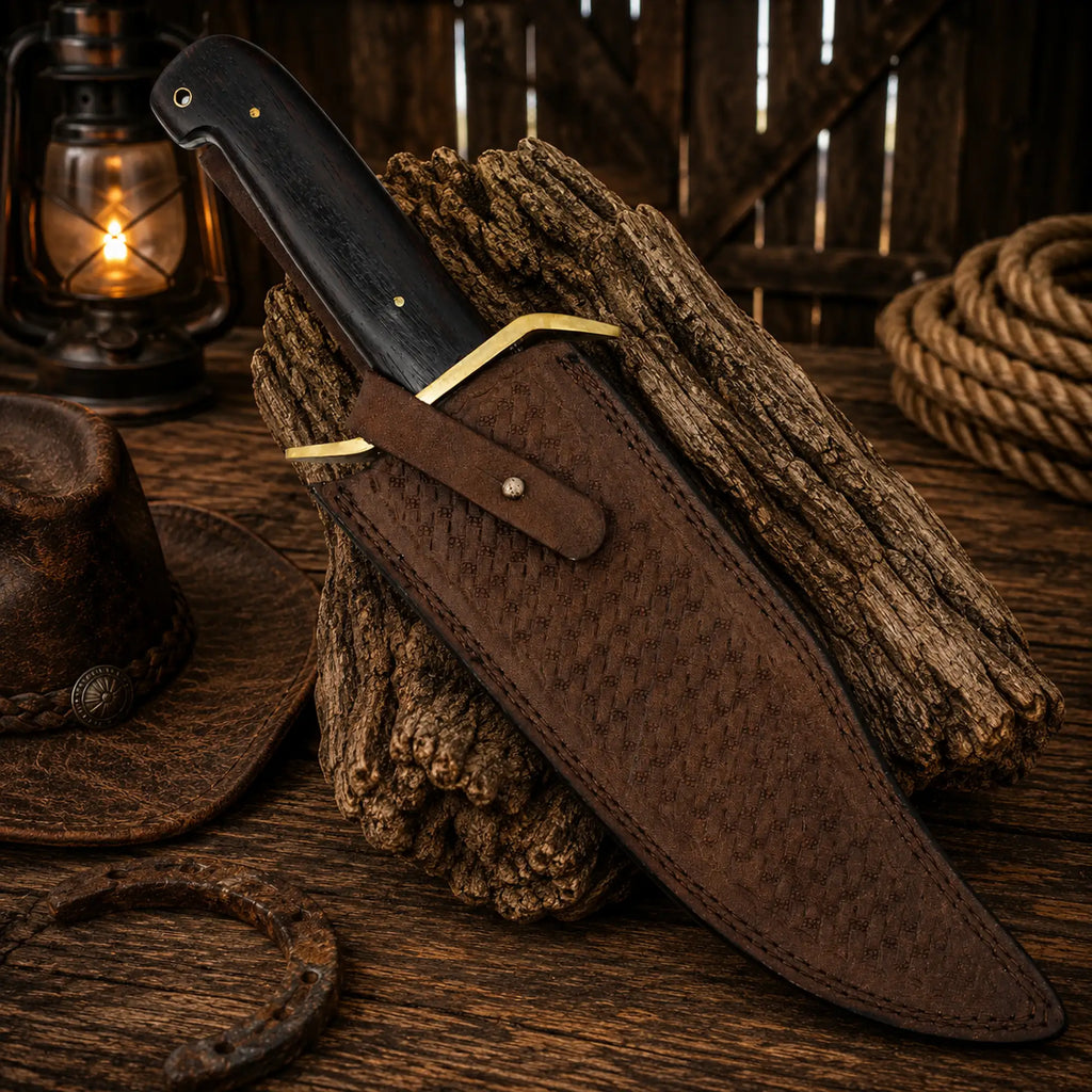 Damascus steel Western Bowie knife for collectors and outdoorsmen with leather sheath
