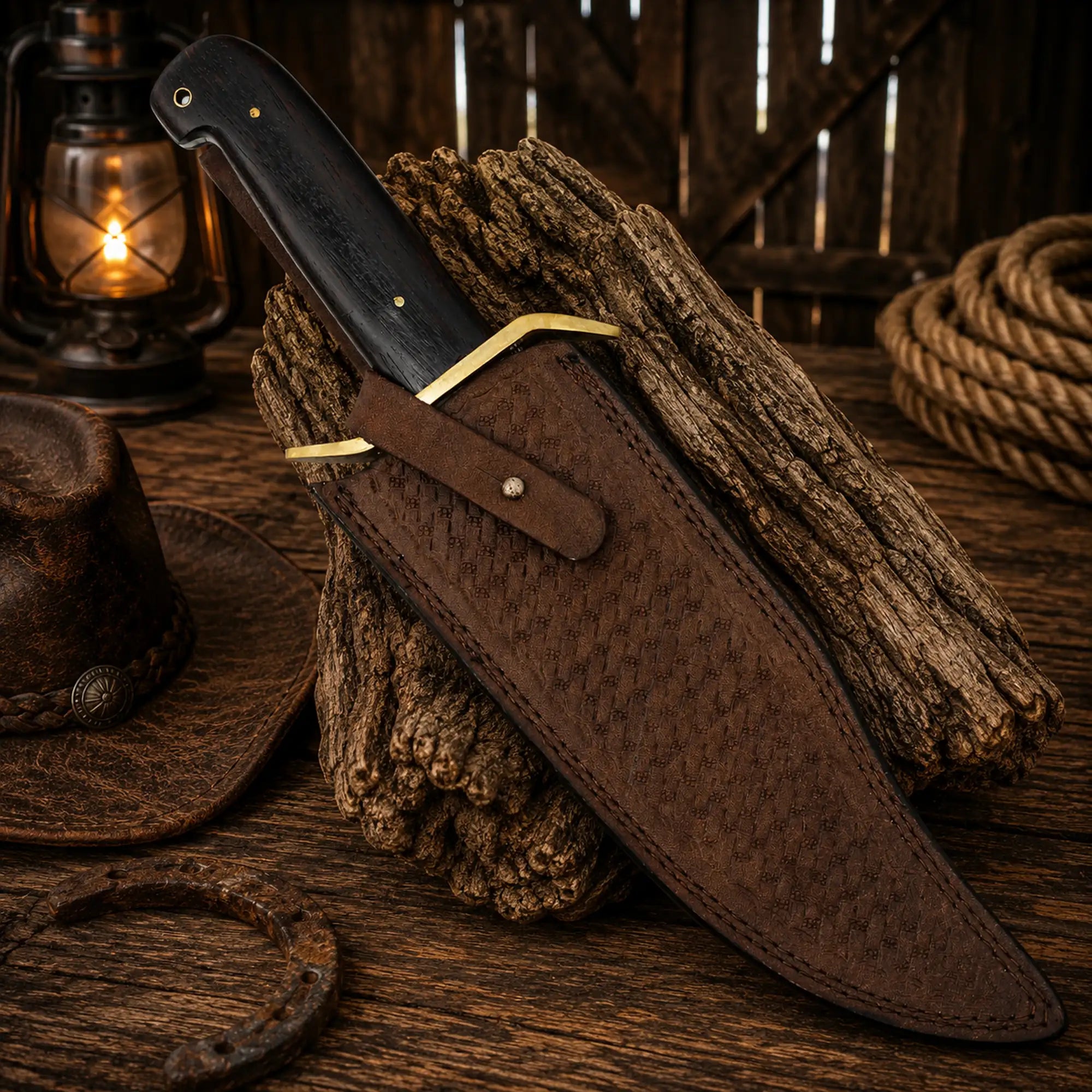 Damascus steel Western Bowie knife for collectors and outdoorsmen with leather sheath
