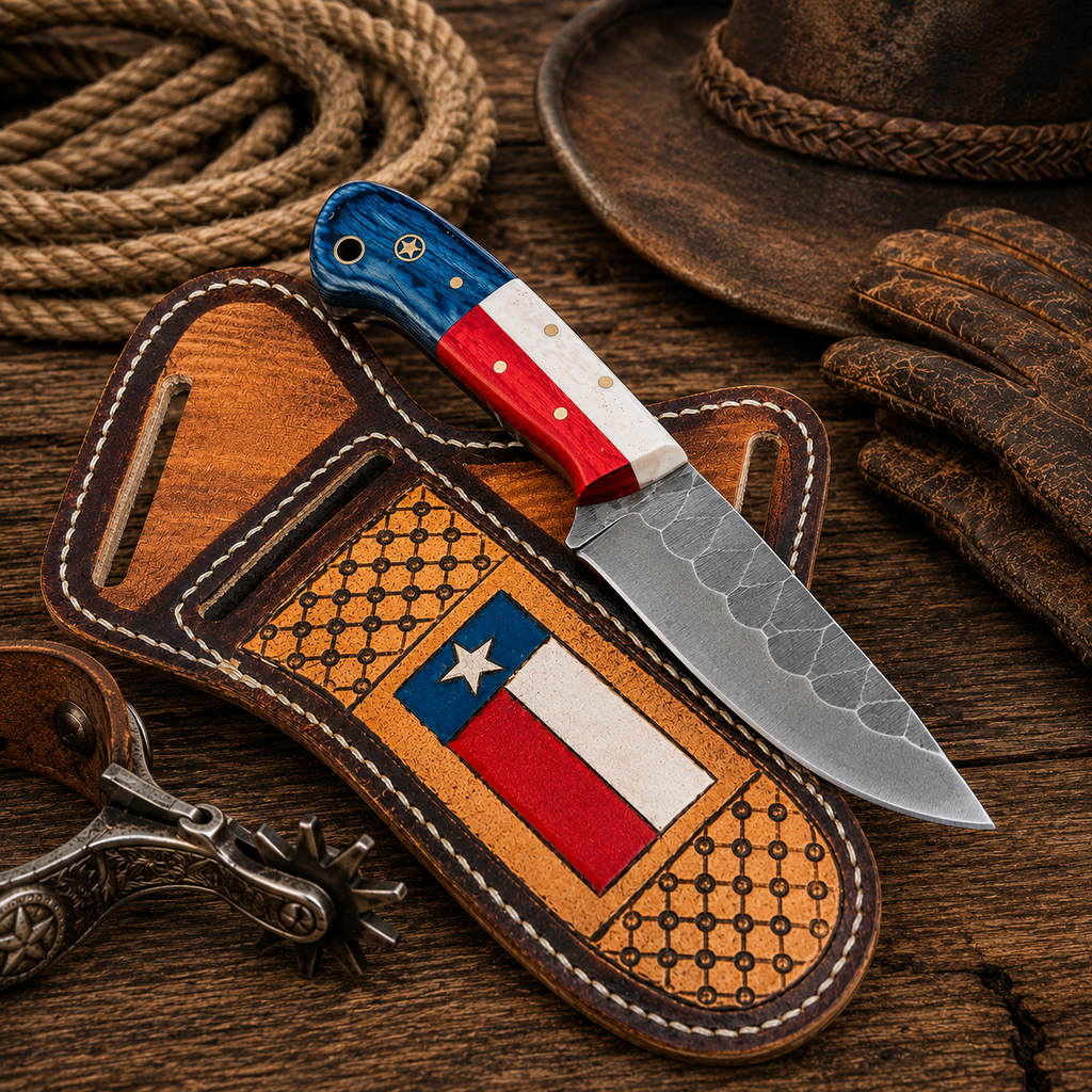 Handmade cowboy knife with flag handle and crossdraw leather sheath